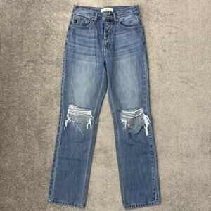 KanCan Jeans Womens 25 Blue Distressed High Rise Straight Leg Button Fly Denim